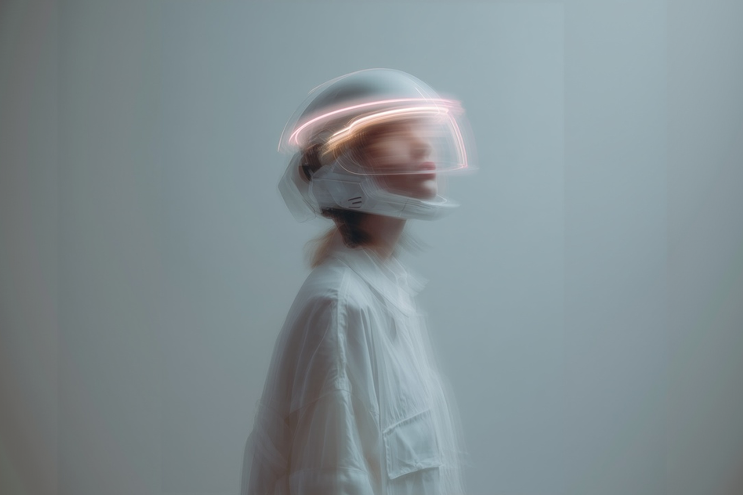 Blurred portrait of a person wearing a white futuristic helmet with glowing neon lights and white clothing against a light gray background.