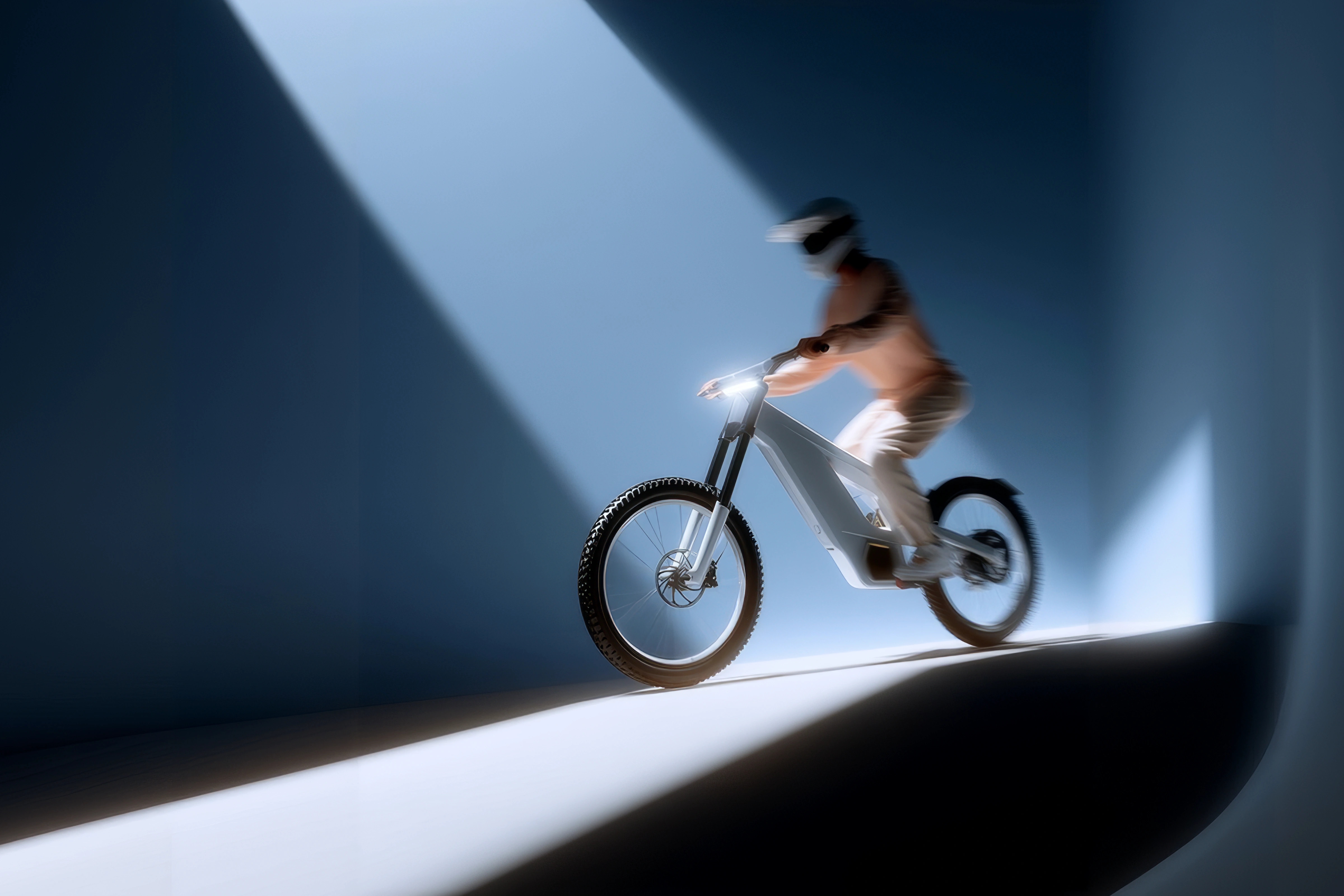 Person wearing a helmet riding a futuristic white electric bike through a room with dramatic angled light beams.