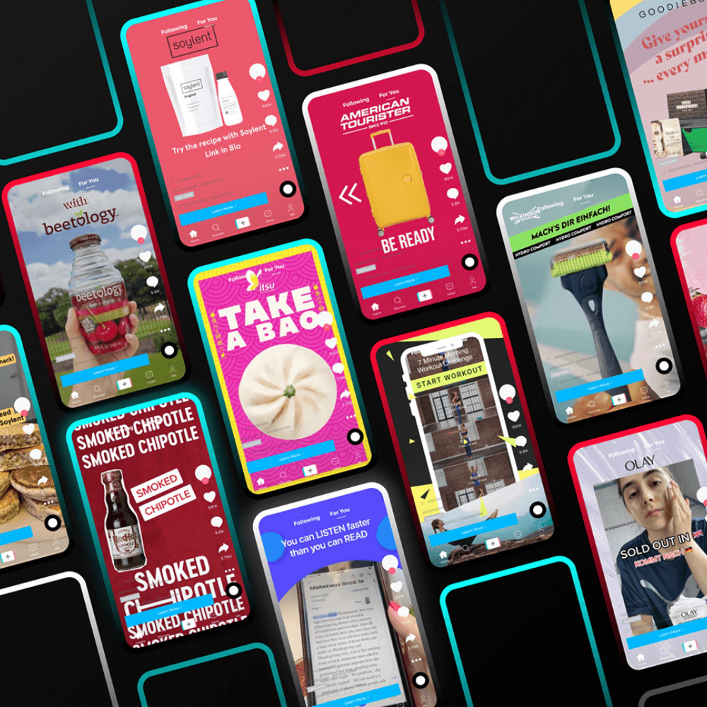 Multiple smartphones showing various colorful social media posts and ads, including products like Soylent drink, American Tourister luggage, beetology juice, Itsu bao, Wilkinson razor, and Olay skincare.