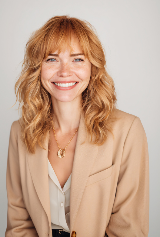 Smiling woman with wavy red hair and freckles wearing a beige blazer and gold necklace on a light background.