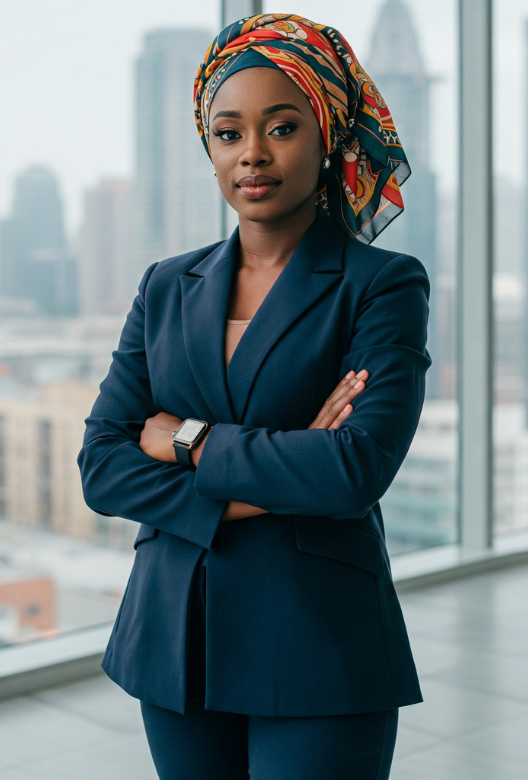 Confident woman wearing a navy blue suit and colorful patterned headscarf standing with arms crossed in a modern office with city skyline background.