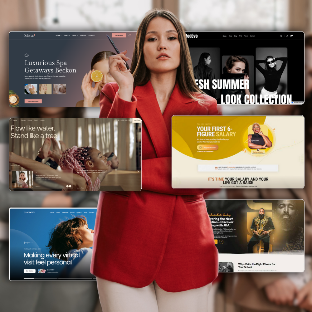 Confident woman in a red blazer stands with arms crossed in front of multiple website homepage screenshots showcasing fashion, spa, virtual visits, salary courses, and education programs.
