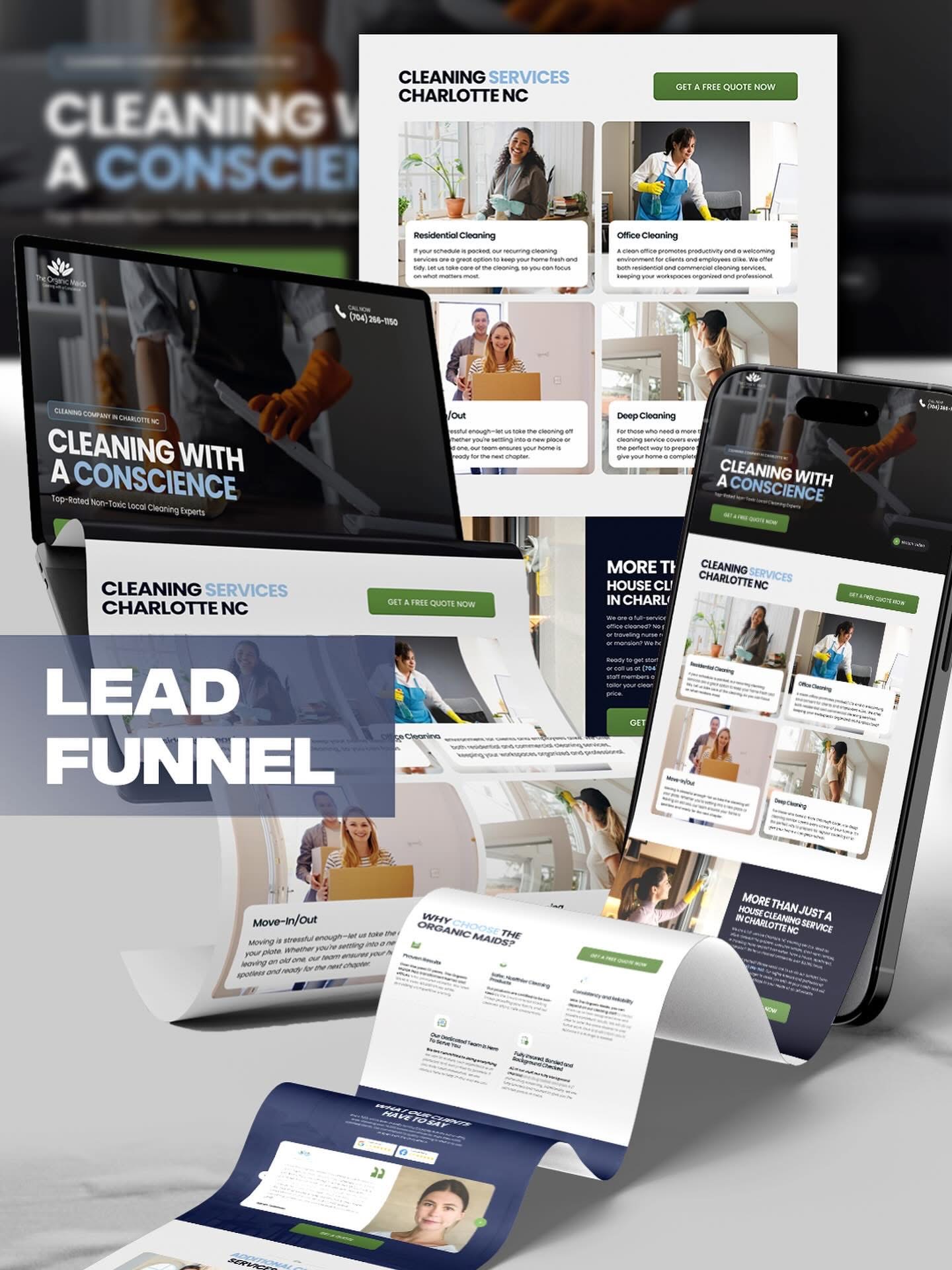 Digital lead funnel for a cleaning service in Charlotte NC showing website pages on devices and a descending paper scroll with service details and customer testimonials.