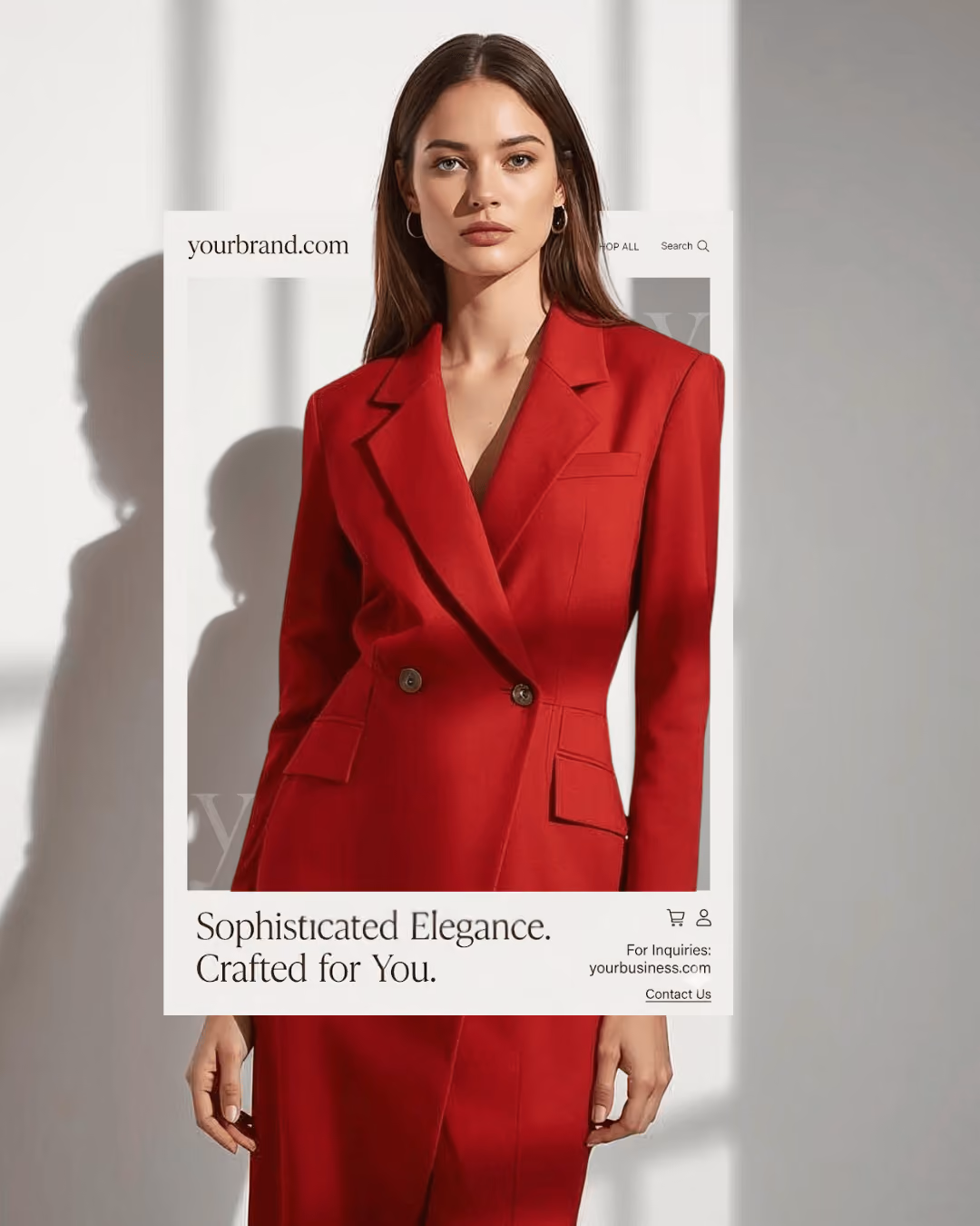 Woman wearing a stylish red double-breasted blazer and matching skirt, posing with a plain background.