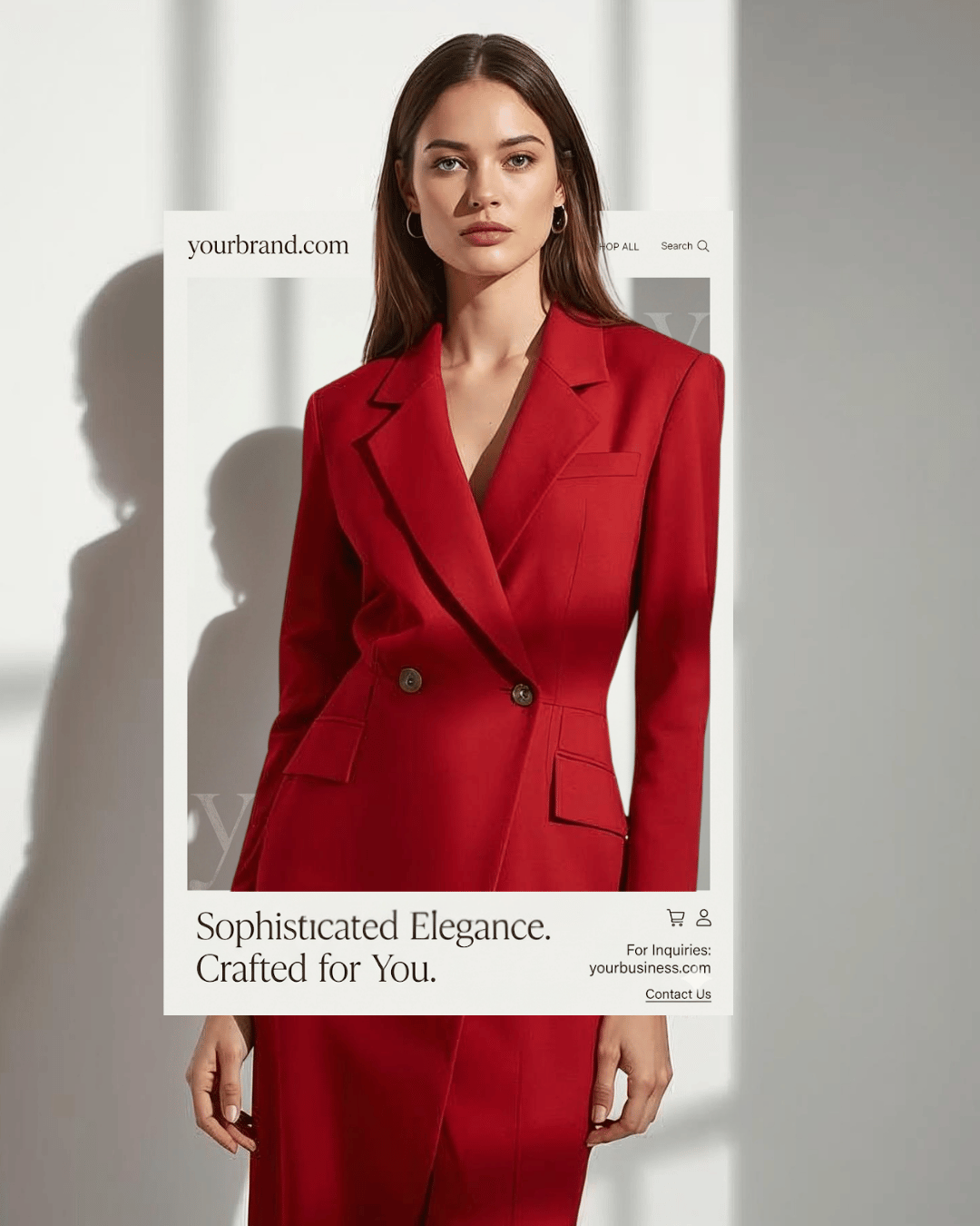 Woman wearing a stylish red double-breasted blazer and matching skirt, posing with a plain background.