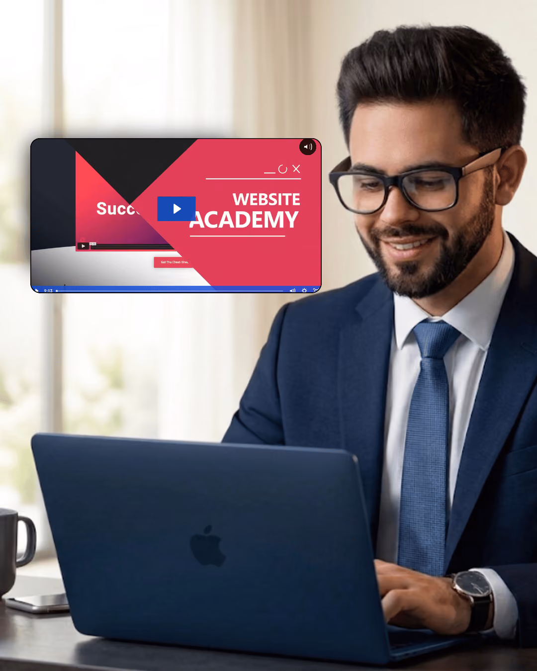 Smiling man in glasses and suit using a laptop with a Website Academy video on screen.
