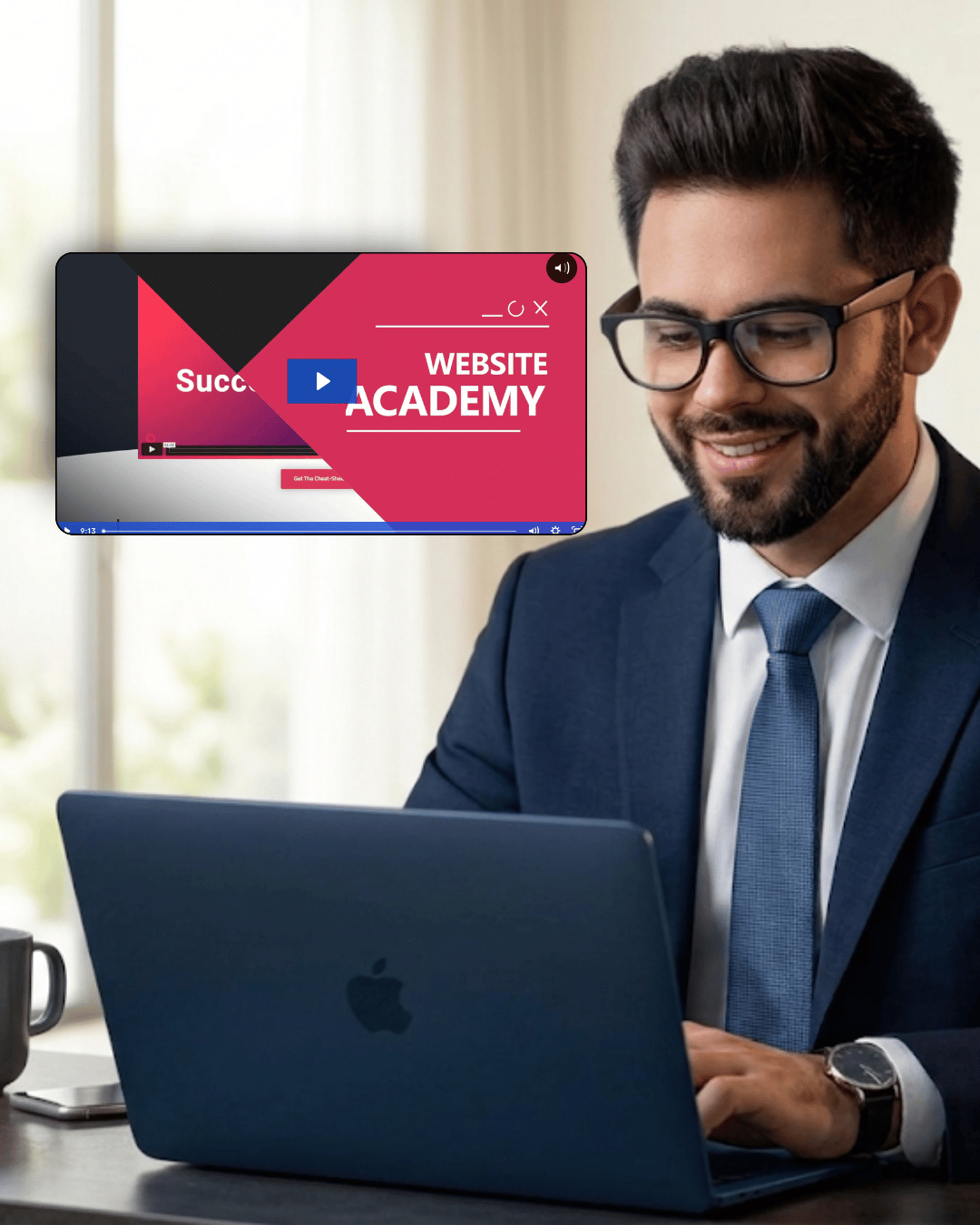 Smiling man in glasses and suit using a laptop with a Website Academy video on screen.