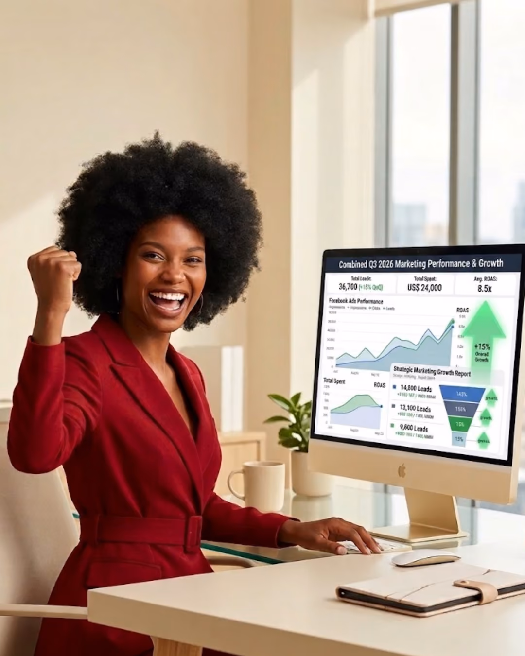 Smiling woman in red blazer raising fist beside monitor showing marketing growth charts and stats.
