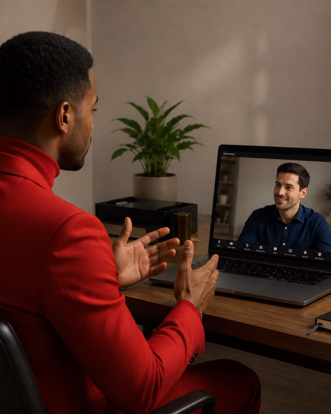Man in red suit gesturing during a video call with a smiling man on laptop screen.