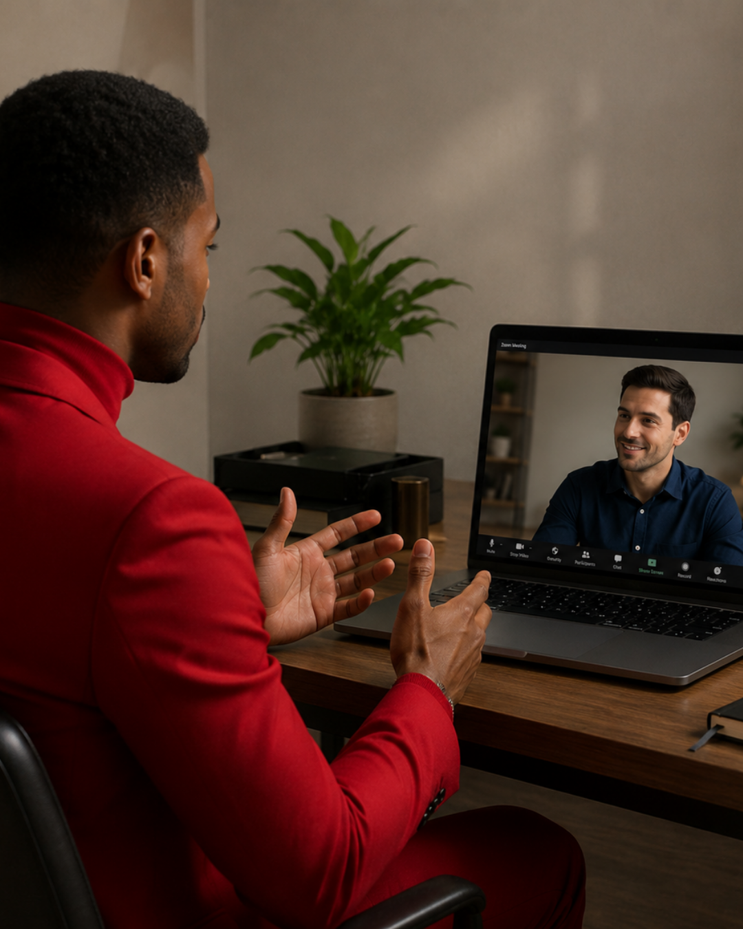 Man in red suit gesturing during a video call with a smiling man on laptop screen.