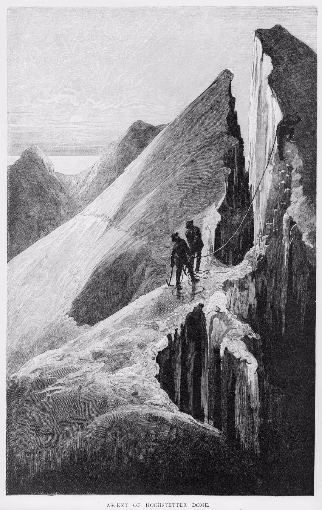 “Ascent of the Hochstetter Dome” [March 1883]. [Drawn by] F.Schell [Melbourne, Picturesque Atlas Publishing Company, 1886]. Permission of the Alexander Turnbull Library, Wellington, New Zealand, must be obtained before any re-use of this image.