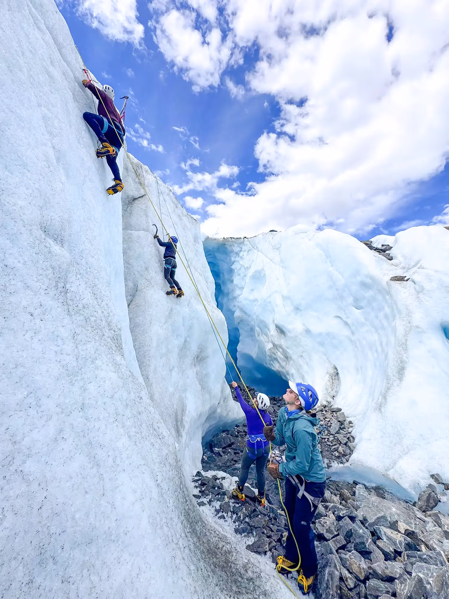 Guest ice climbing on Tasman Glacier ice formations