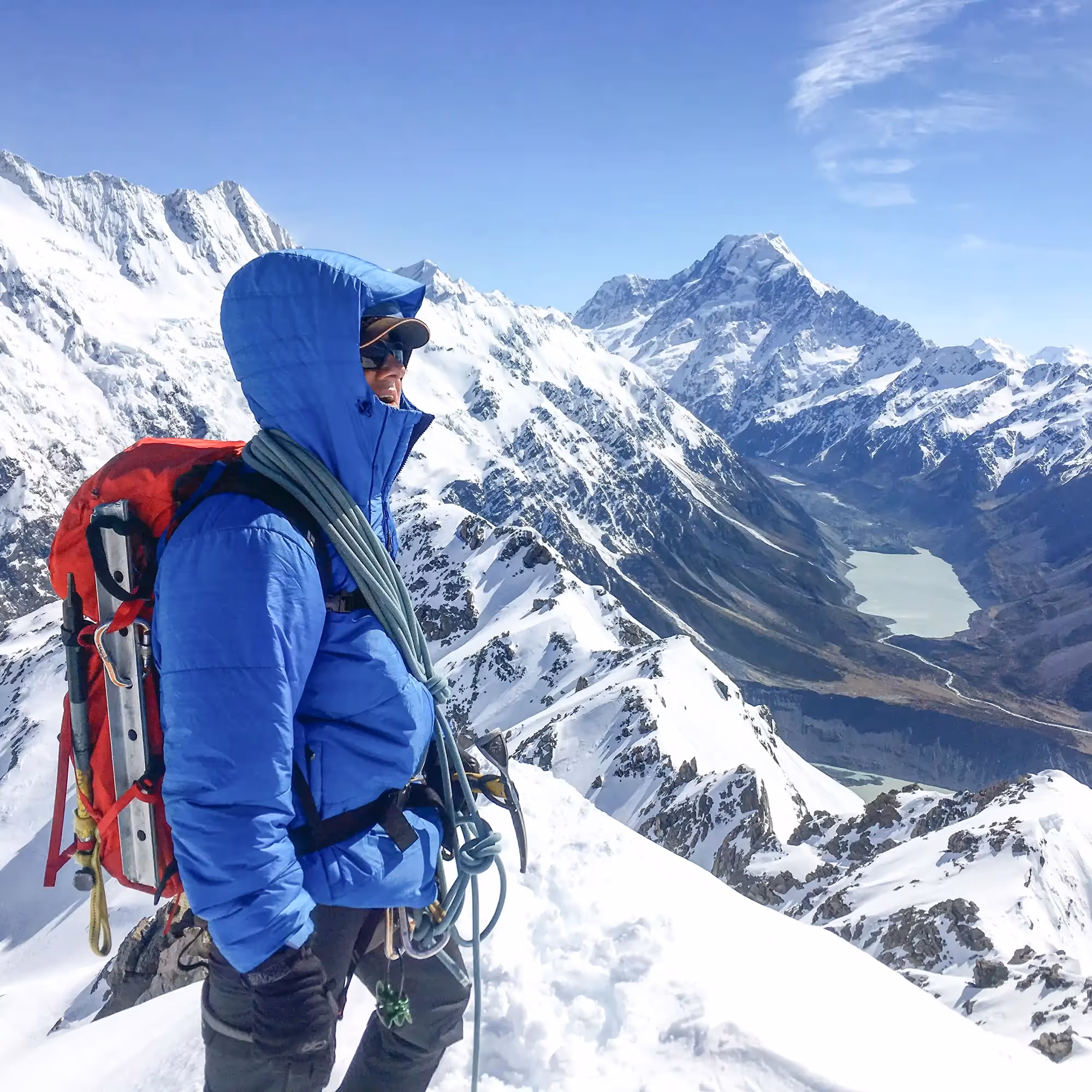 Mountain Skills Course participant pausing to enjoy winter scenery in Aoraki Mount Cook National Park