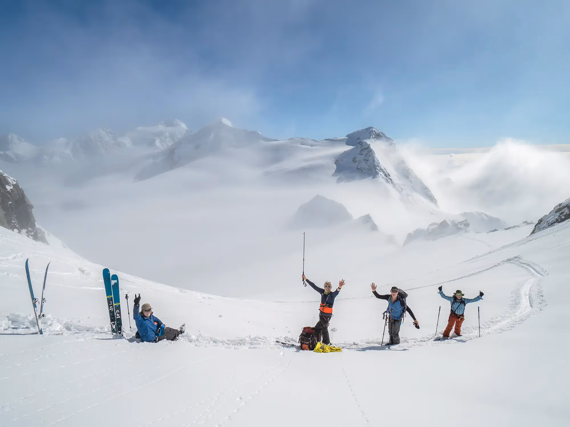 Skiers celebrating a great day sking at the Tasman Glacier