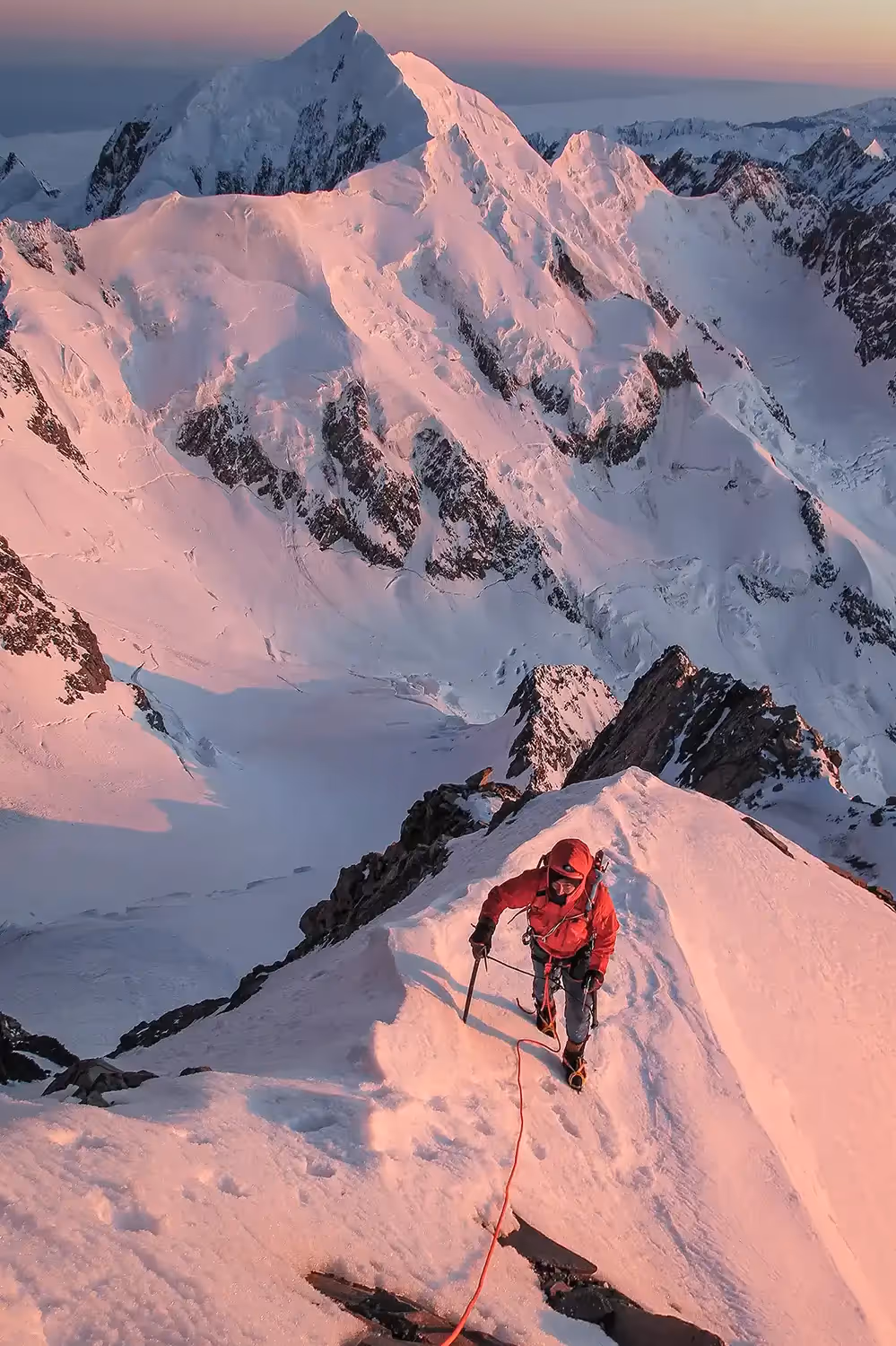 Aoraki Mount Cook guest ascending snowy ridge at sunrise