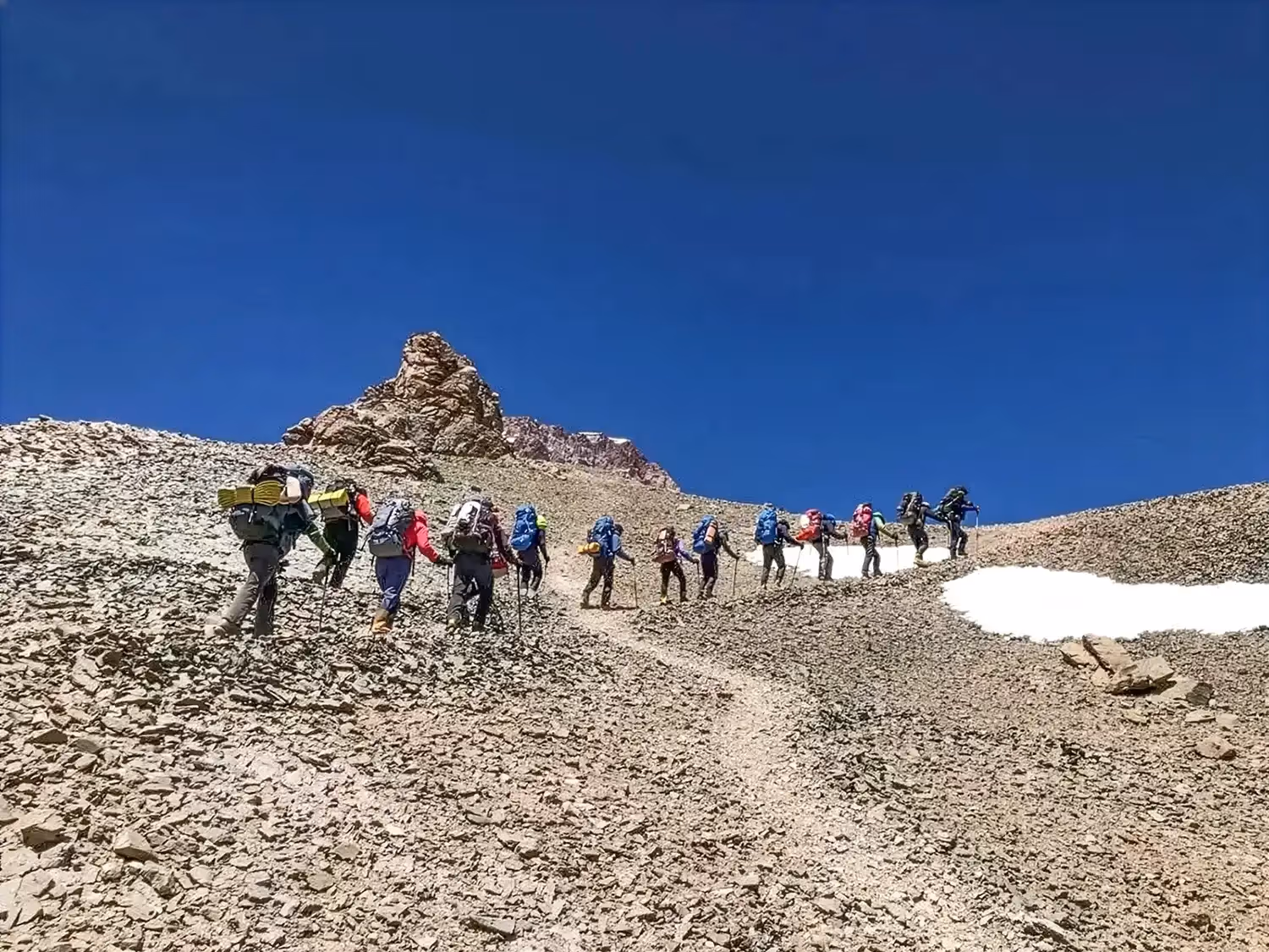 Aconcagua Expedition guests following guide’s steps on track