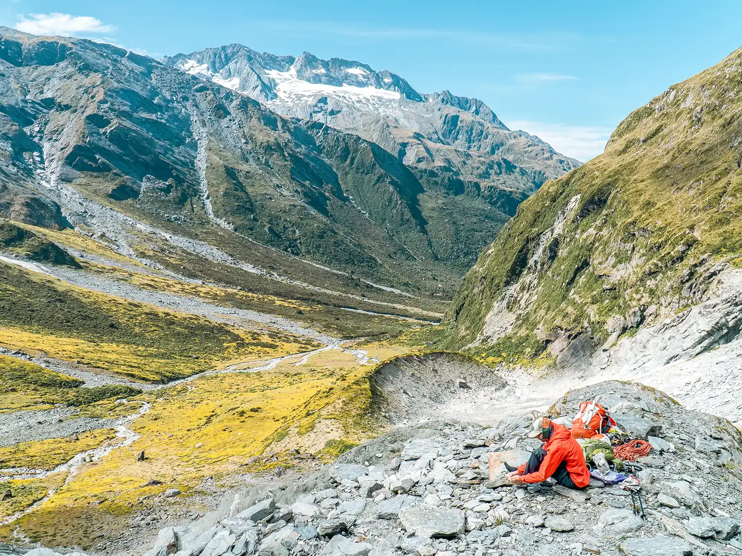 Mount Aspiring Expedition guests resting and organising gear