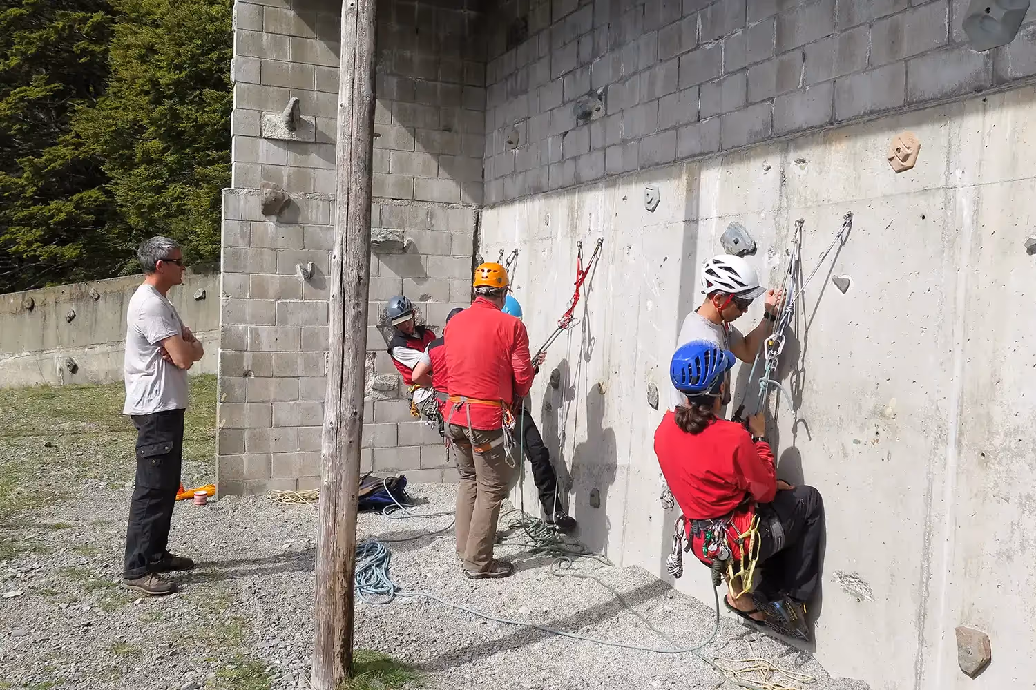 Alpine Skills Course participants practising fixed rope anchoring techniques.