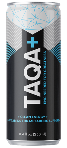 TAQA+ energy drink can with cyan and black design