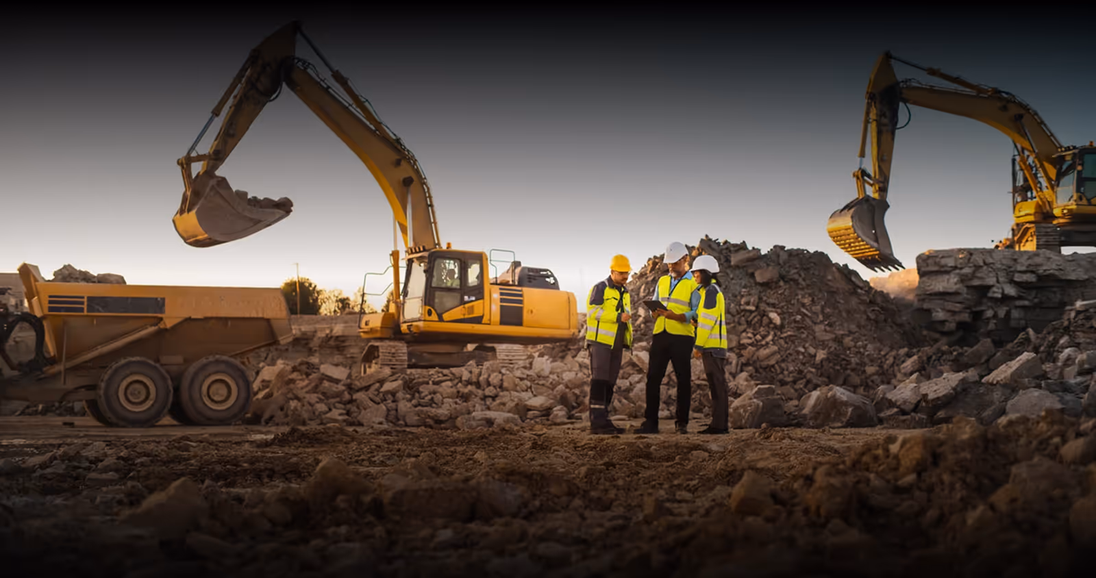 Three construction workers in yellow safety vests and helmets reviewing a tablet at a construction site with excavators and rubble piles.