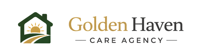 Golden Haven Care Agency logo with a green house outline enclosing a golden sun rising over a pathway.