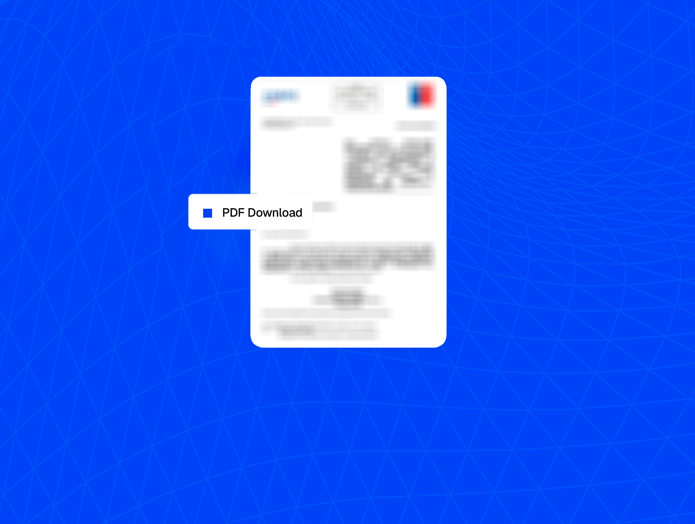 Button labeled PDF Download next to a blurred document on a blue background with geometric lines.