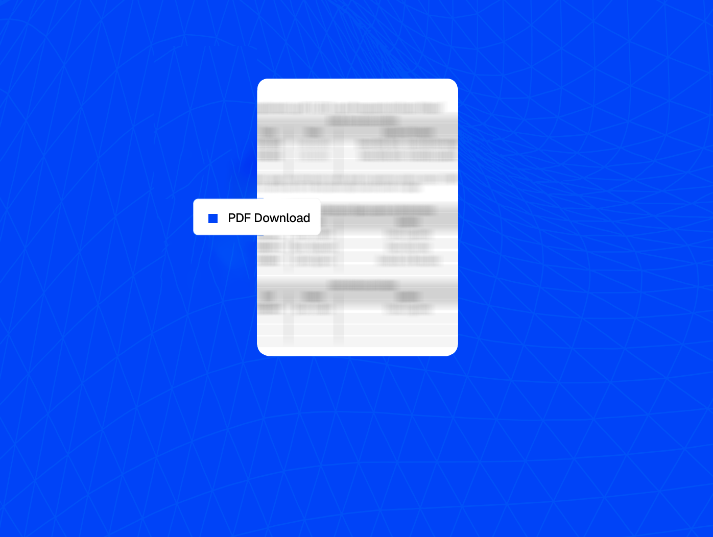 Blurred document with a white tooltip labeled PDF Download on a blue geometric background.