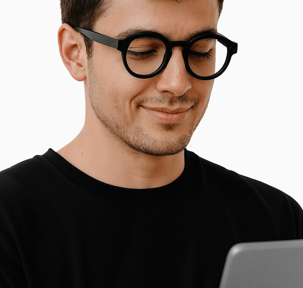 Man Wearing Black Glasses Gadgetar Webflow Template | BRIX Template  
