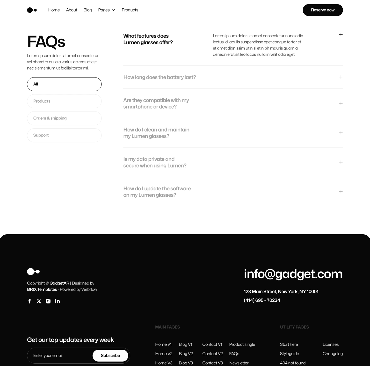 Gadgetar Faqs Ai Glasses Webflow Template | BRIX Template
