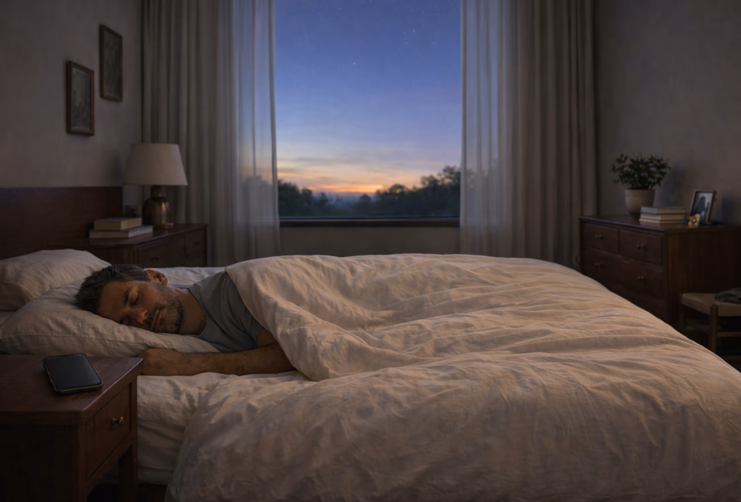 Man sleeping in bed with beige comforter in a dimly lit bedroom at sunset visible through a large window.