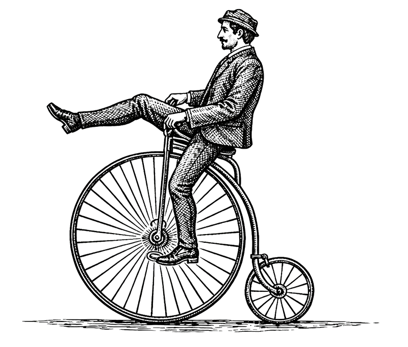 Vintage illustration of a man in a suit and hat riding a penny-farthing bicycle with one leg extended forward.