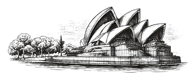 Black and white sketch of the Sydney Opera House with surrounding trees and waterfront.