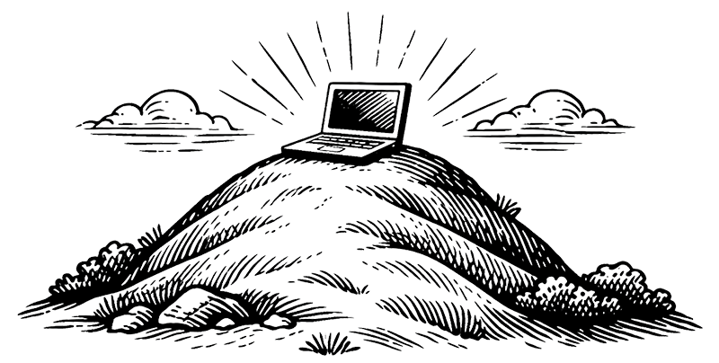 Sketch of a laptop shining brightly on top of a hill with clouds and bushes around.