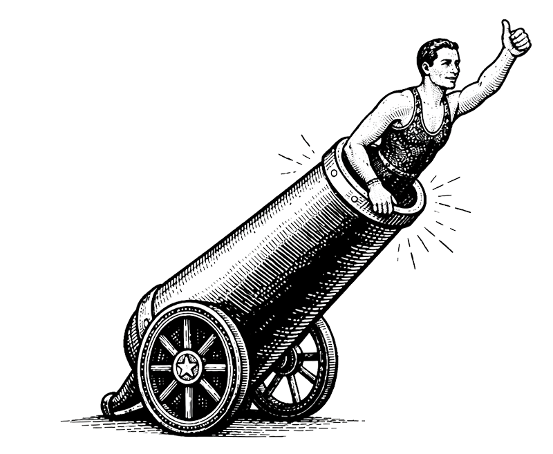 Sketch of a laptop shining brightly on top of a hill with clouds and bushes around.