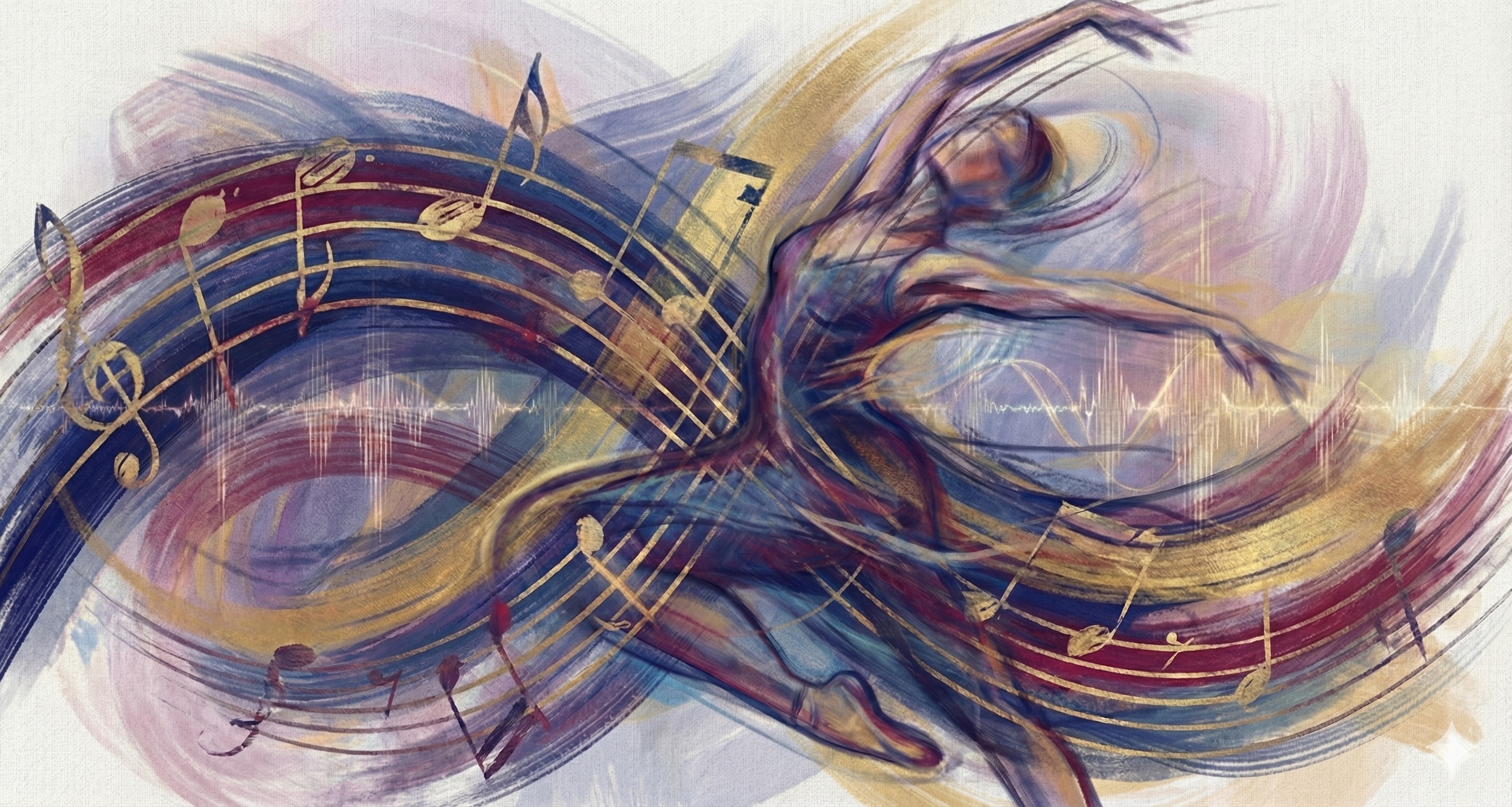 Abstract painting of a dancer in motion surrounded by flowing colorful musical notes and sound waves.