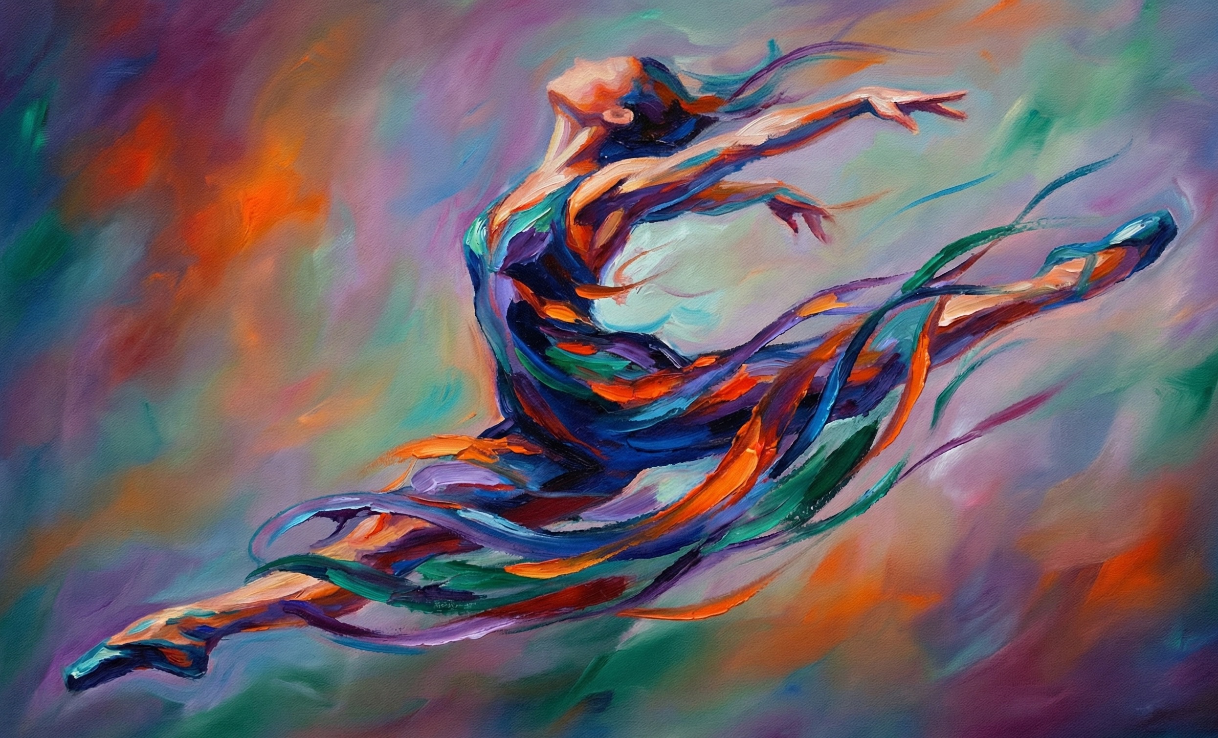 Colorful abstract painting of a ballet dancer leaping with flowing ribbons and vibrant brush strokes.
