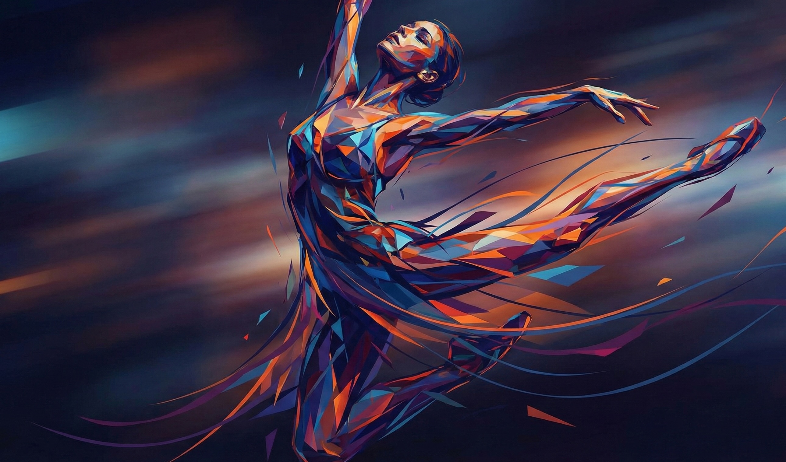 Abstract digital artwork of a ballet dancer in a dynamic pose with fragmented, colorful geometric shapes.