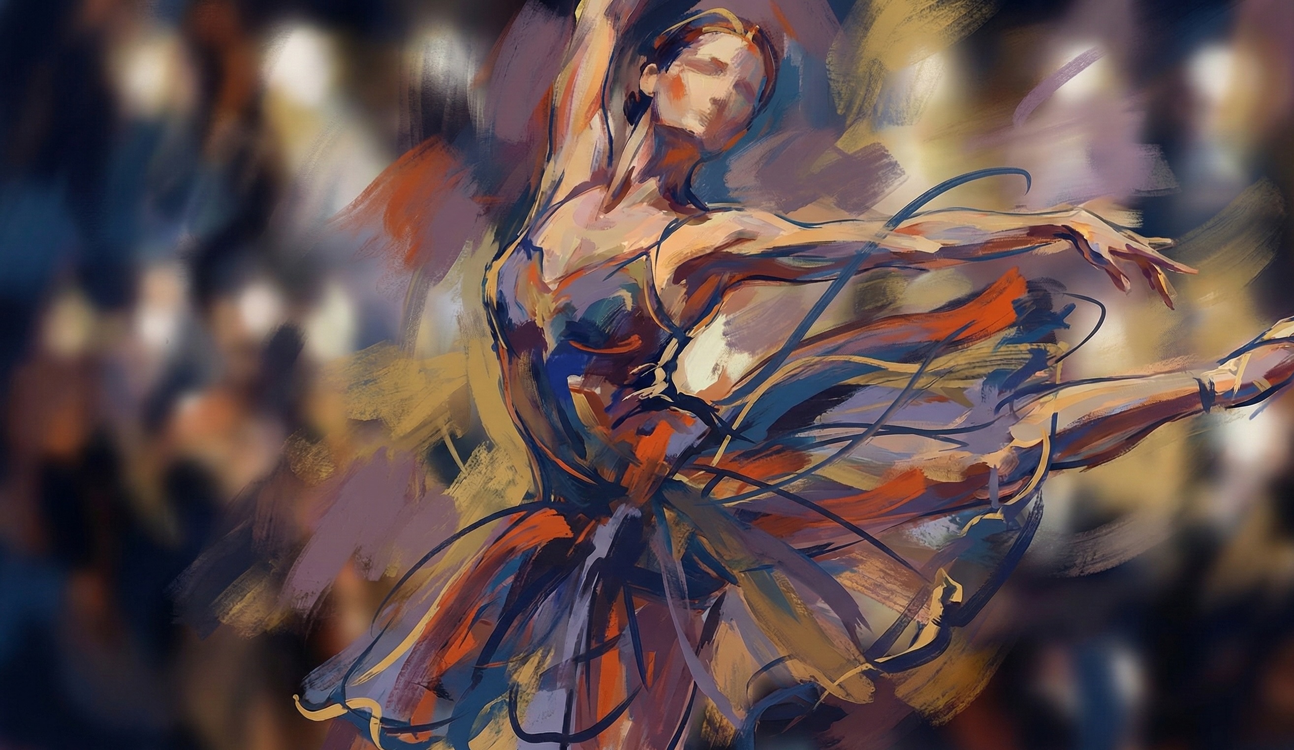 Abstract painting of a ballerina dancing with graceful arm and leg extensions, wearing a flowing tutu in vibrant colors.