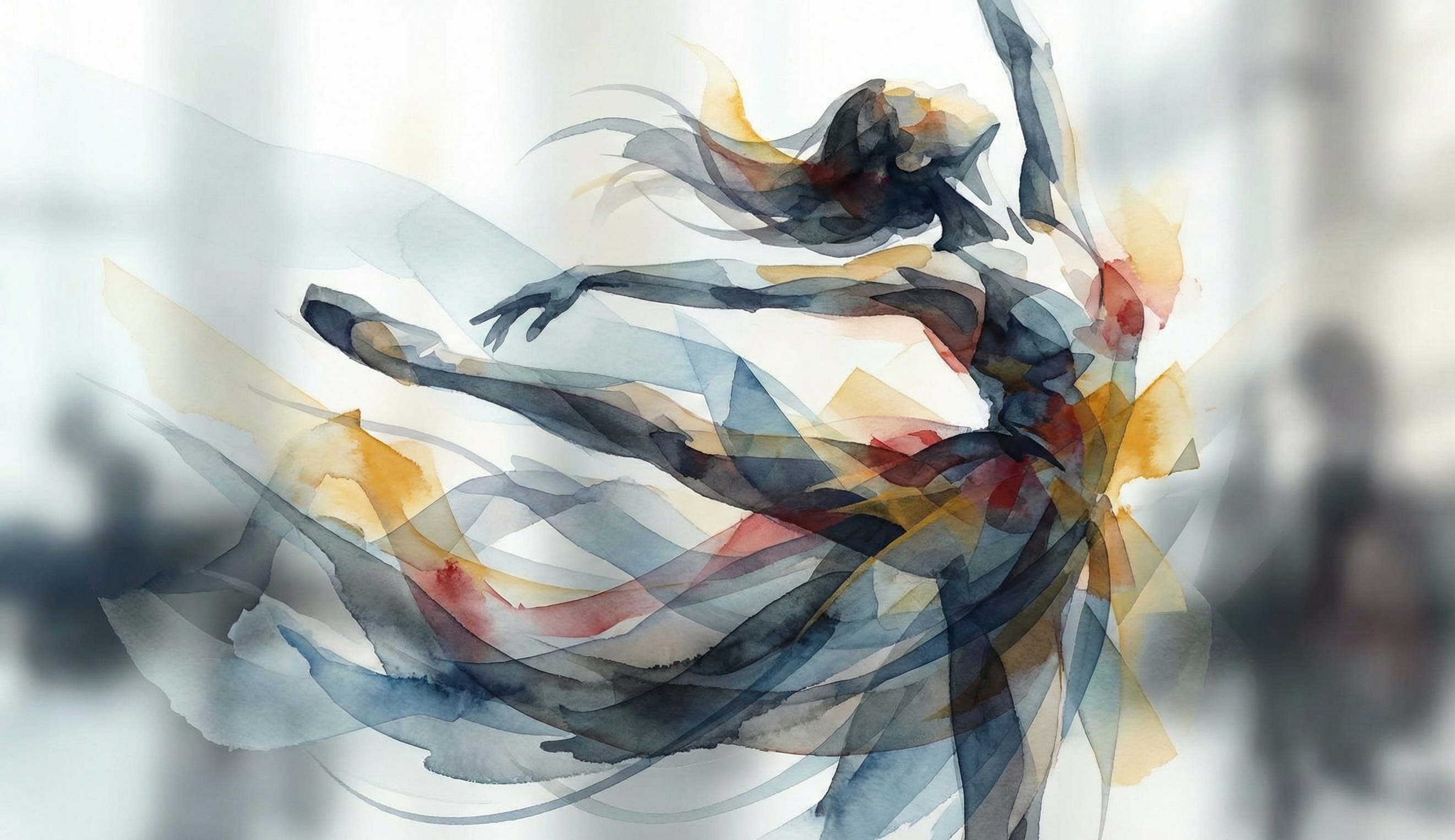 Watercolor painting of a graceful female ballet dancer in an arabesque pose with flowing translucent layers in blue, orange, and red tones.