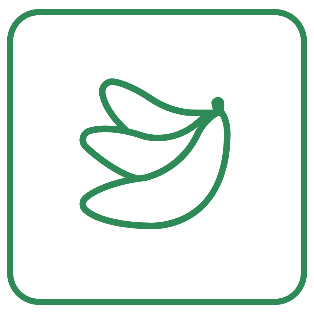 Green line icon of a bunch of bananas inside a rounded square border on a transparent background.