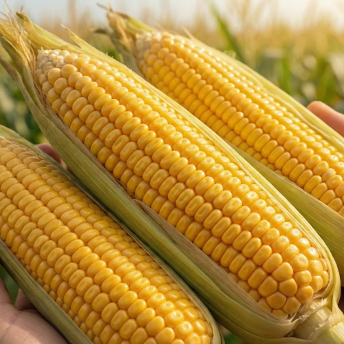 Three ears of fresh yellow corn partially husked held in hands against a blurred field background.