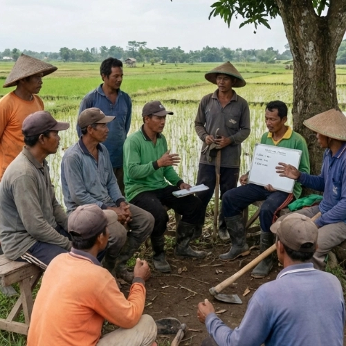 Group of farmers sitting and standing in a circle under a tree, with one holding a whiteboard during a discussion near rice fields.