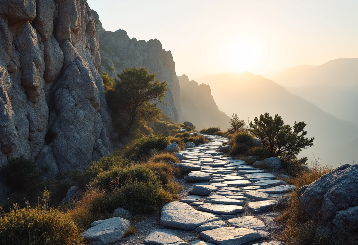 image of a scenic mountain trail at sunrise
