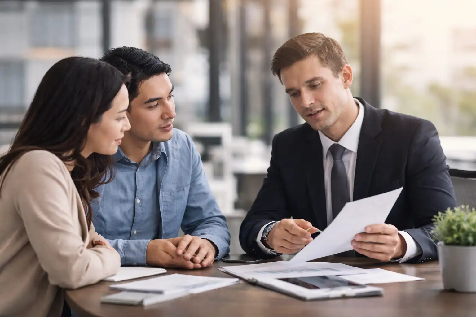 A mortgage broker helps a young couple understand home loan rates