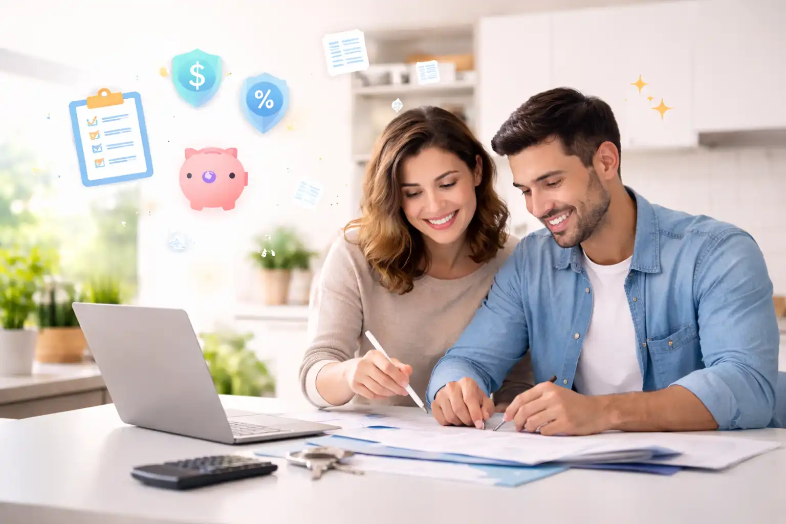 A young couple sits at a table analysing home loan rates