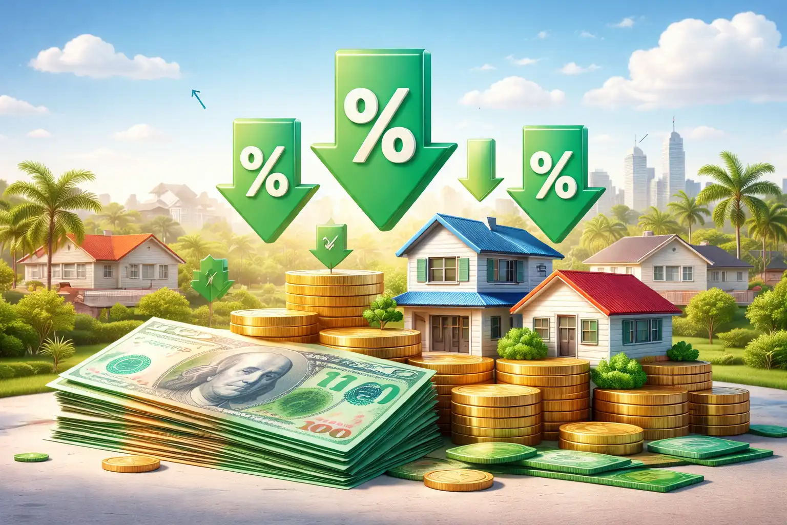 An illustration featuring a series of houses on a street, with downward pointing arrows and cash