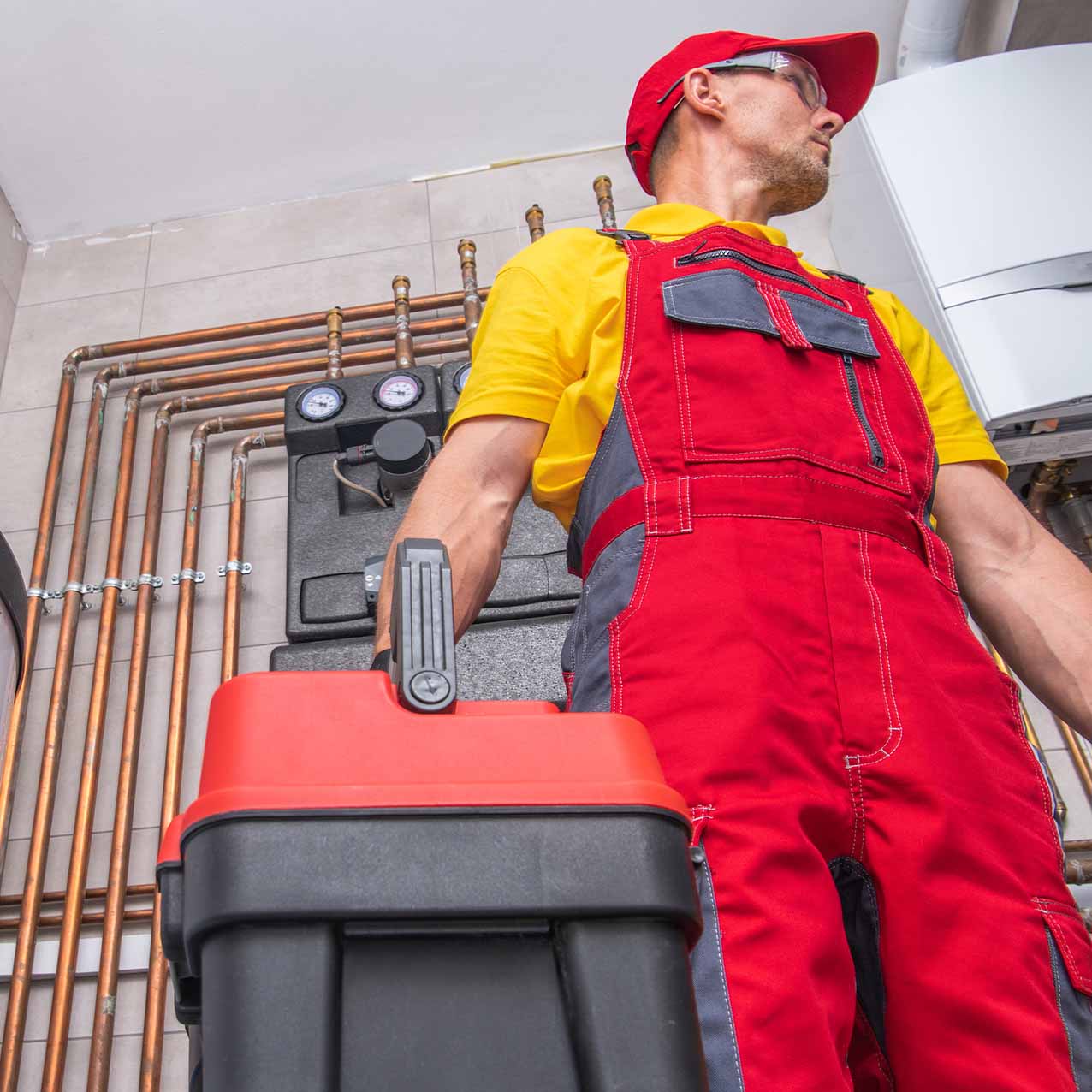 Water heater installation in north Georgia. Technician holding toolbox in water heater room, angle from floor looking up at technician.