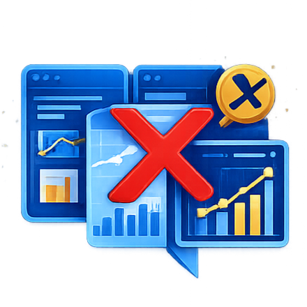 Dashboards showing conflicting numbers across reports, representing broken trust in analytics and unreliable business reporting.