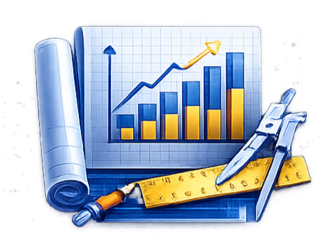 Blueprint and chart design illustration representing designing a scalable analytics foundation with aligned data models and standardized metrics.