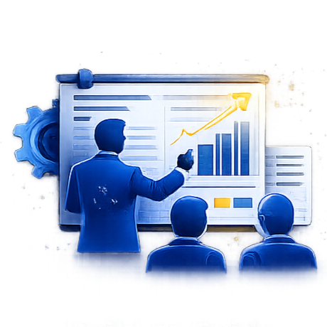 Analytics leader presenting data strategy to a team representing ongoing senior analytics ownership and strategic guidance.